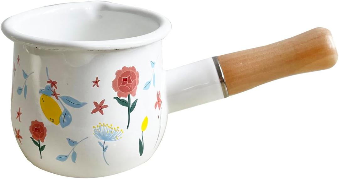 Enamel Milk Pot, Butter Warmer Non-stick Mini Saucepan, 4 Inch 17 Oz Small Cookware with Wooden Handle (Flower Pattern)