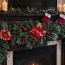 9FT Christmas Garland with Lights, Prelit Garland with Red Berry Clusters&Balls&Flowers&Pine Needles,for Stairs Railing Fireplace Mantle Front Door Home Holiday Decor Ornaments