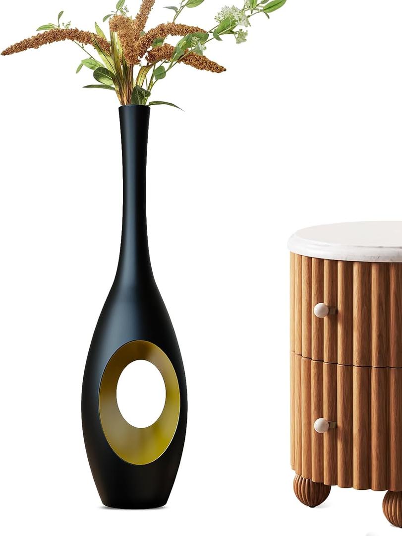 23.6 in Black Floor Vase  Modern Oval Tall Floor Vase with Gold Cutouts & Slim Neck, Decorative Vases for Luxury Home, Office, Wedding Decor  Resin Tall Vases