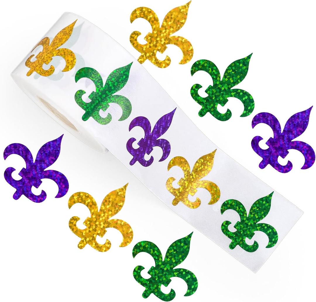 Whaline Mardi Gras Stickers Roll Laser Fleur de Lis Seal Stickers Purple Yellow Green Waterproof Self-Adhesive Decals for Envelope Journal Decor Carnival Party Supplies, 500Pcs