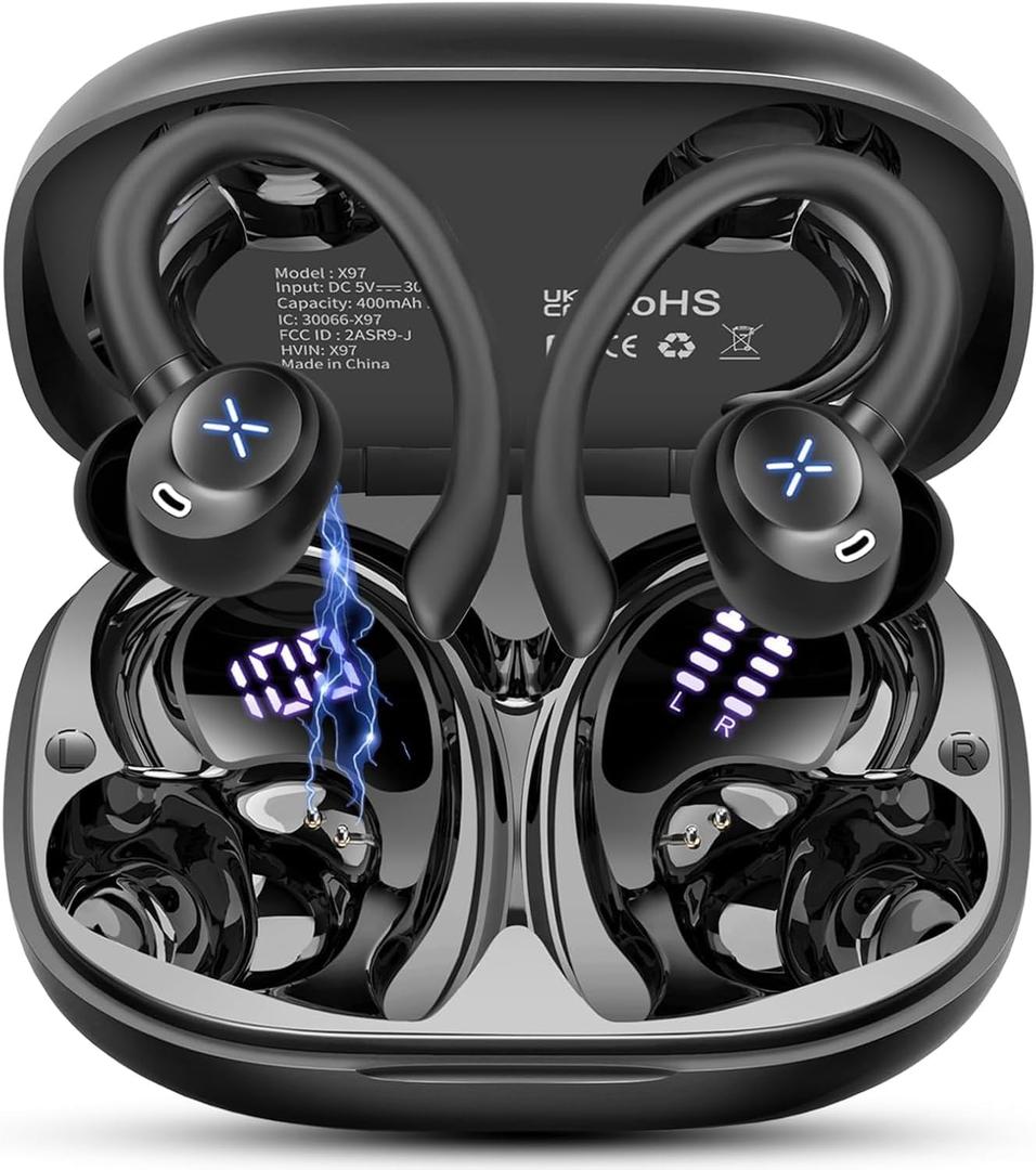 Wireless Earbuds, 50H Bluetooth Ear Buds with Noise Cancelling Mic, Stereo Deep Bass with Earhooks Fast Charging Digital Display IP7 Waterproof Earphones for Running (Black)