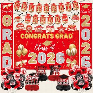 2026 Graduation Party Decorations Kit Red and Gold - Includes Backdrop, Banner, Balloons, Hanging Swirls, Honeycomb Centerpieces for Class of 2026 High School College Graduation Party Supplies