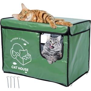 Indestructible Cat House Outdoor with Two-Sided Escape Door, Insulated and 100% Waterproof, Outside Weatherproof Feral Cat Shelter for Winter, Oxford Cloth Upgraded (Green, L)