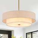 17.7" Modern Drum Chandelier, 2-Layer Linen Pendant Light Fixture
