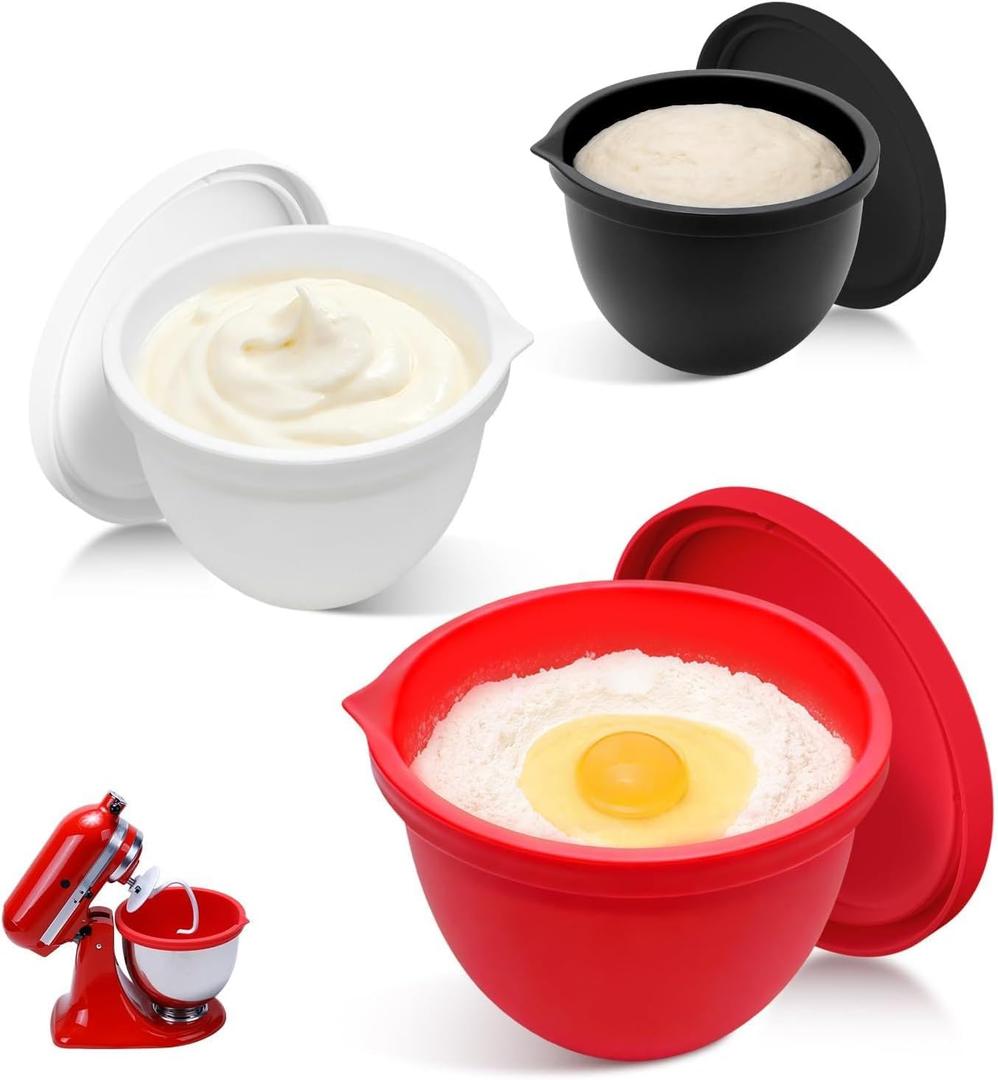 5 Qt Tilt-Head silicone liners for kitchenaid stand mixer, Silicone Bowl Liners with Lids, Kitchen Aid Accessories and Attachments for Baking and Cooking (3pcs Red+White+Black)
