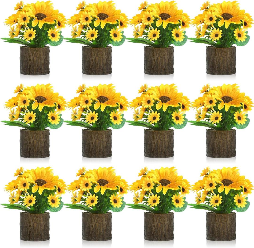 Lyrow 12 Pcs Sunflowers Artificial Flowers Sunflower Flower Bouquet in Planters Summer Fake Faux Floral Rustic Potted Flower Arrangements Table Centerpiece for Vase Summer Home Indoor Outdoor Decor