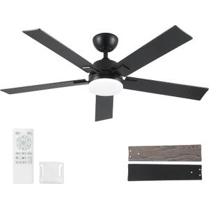 Rayqueen 52 Inch Ceiling Fans with Lights and Remote, 6 Speed Reversible DC Motor, 3CCT Dimmable LED, Black Modern Ceiling Fan for Bedroom, Living room & Covered Outdoor,Includes Downrod