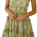 Mansy Womens 2025 Summer Floral Mini Dress Boho Flowy Skater Dresses Short Sleeveless Ruffle Spaghetti Strap Dress (X-Large, Green Flower)