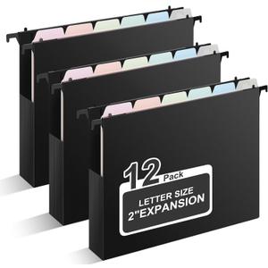 Uquelic Plastic Hanging File Folders Letter Size, 12 Pack Reinforced Heavy Duty Hang Folder with Movable Pastel Dividers, Adjustable Tabs, 2" File Organizer for Filing Cabinet, School, Office (Black&macaron)