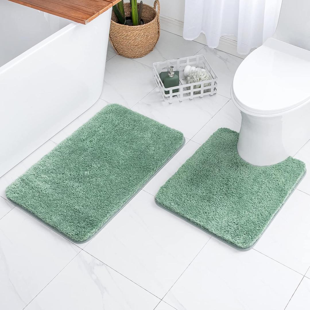 MIULEE Sage Green Bathroom Rugs Set 2 Piece, Soft Absorbent Microfiber Bath Mat and U-Shaped Contour Toilet Rug, Non Slip Quick Dry Washable Plush Shaggy Bath Rugs for Bathroom20"x30"+20"x24"