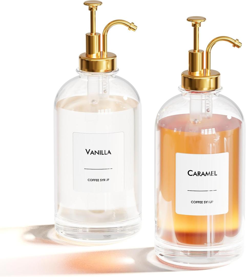 16.9 oz (500 ml) Coffee Syrup Dispenser Set of 2 Glass Bottles with Gold Pumper and Syrup Labels - Precise Dispensing and Stylish Addition to Coffee Shop, Cafe or Home Bar