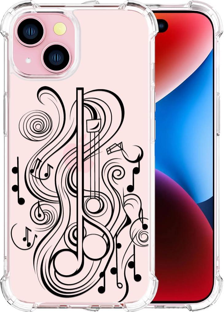 Compatible for iPhone 15 Cases with Design, Cute Transparent Phone Case for Women Girls Girly with Heavy Duty Protective Bumper (Clear Black Musical Notes)