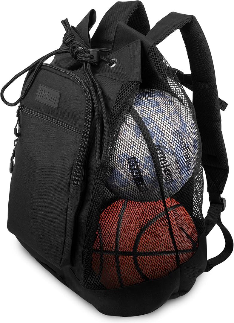Fitdom Heavy Duty Small Mesh Equipment Ball Bag w/Adjustable Backpack Shoulder Strap Design for Coach. 3 Different Size Compartments. Perfect for Soccer Football Volleyball Basketball & Water Sports