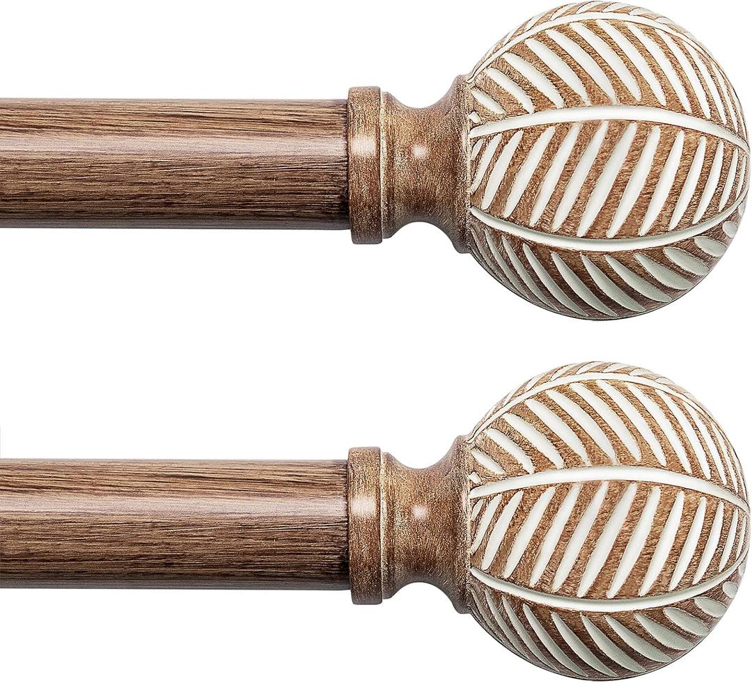 Wood Curtain Rods for Windows: 1 Inch Diameter Adjustable Drapery Rods 72" to 144", 2 Pack Heavy Duty Window Rod with Imitation Wood Grain Leaf Pattern Finials