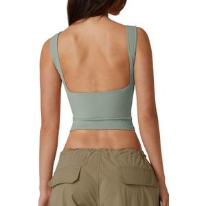 QINSEN Womens Sleeveless Double Lined Tank Tops High Neck Open Back Crop Tees Summer Tops, Smoke Green, S