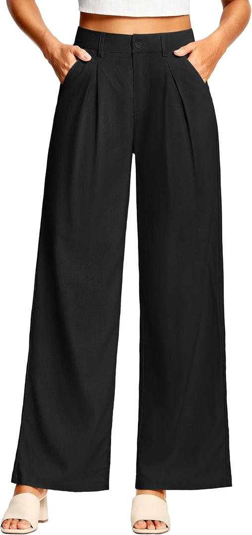 ISEEGZ 31'' Women's Linen Pants Wide Leg Work Dressy Pants Casual Slacks Business Trousers for Women with Pockets (Black, XXL)