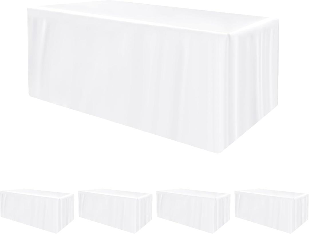 HolidayIdeas Fitted Tablecloths for 8 Foot Rectangle Table, Wrinkle Resistant Washable White Table Cover 30x96 Inch for Vendor Booth Display, Banquet, Trade Show, 4 Pcs