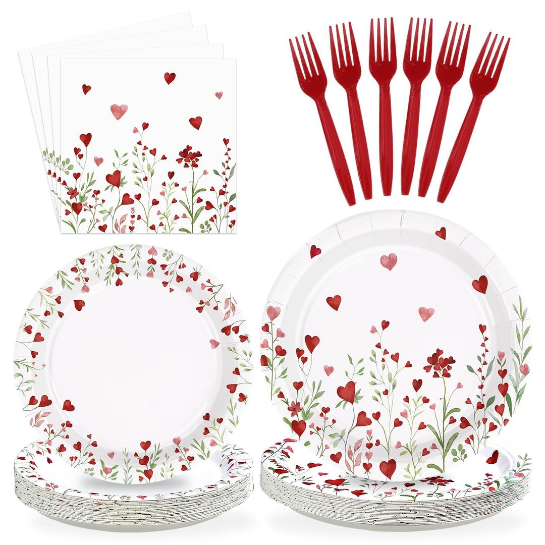 Greencian 96 Pcs Floral Decorations Disposable Love Heart Flowers Paper Plates and Napkins Watercolor Lovely Flowers Tableware Set for Spring Anniversary Wedding Supplies, Serves 24