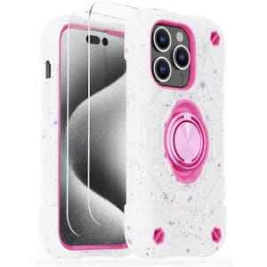 KCJ Compatible with iPhone 15 Pro Case with[2×Screen Protectors+1xCamera Lens Protector][Ring Stand] Tough Rugged Heavy Duty Case for iPhone 15 Pro 6.1"
