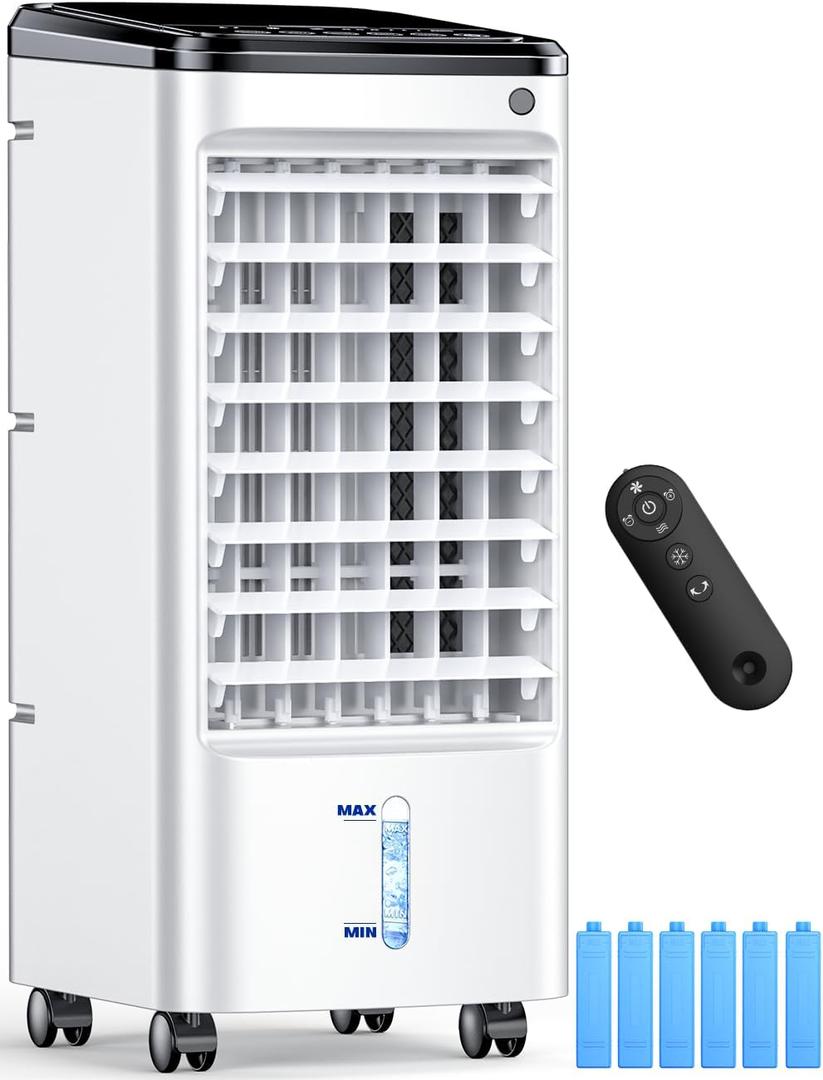 Evaporative Air Cooler, Swamp Cooler Air Conditioner w/ 12H Timer for Auto-off, 6 Upgraded Ice Packs, 3-Speed Windowless Air Conditioner, Smart Remote, Dual Tank Portable Air Cooler for Room