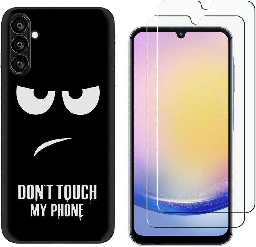 for Samsung Galaxy A25 5G Case with 2 Tempered Glass Screen Protectors, Cute Pattern Design, Slim Shockproof Protective Soft Silicone Phone Case Cover for Girls Women Boys (Black)