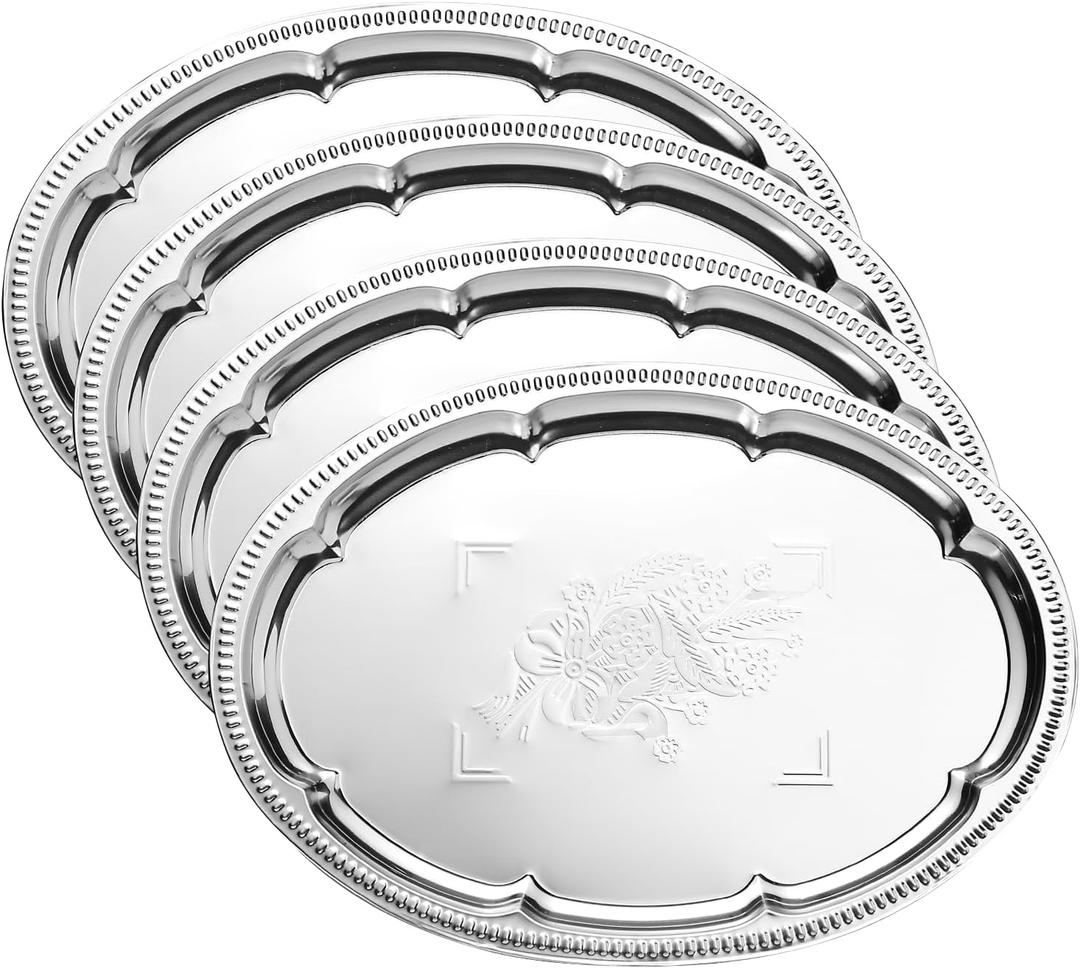4-Pack 15.7" x 11.8" Large Silver Serving Trays Set - Oval Floral Engraved Mirror Tray, Birthday & Wedding Tableware Platters for Whiskey, Cookies, Charcuterie, Snacks, Desserts, Party Food Display
