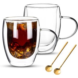 Noevany Double Wall Glass Coffee Mugs Set, Set Of 1 Glass Cup with 2 Gold Spoons, Clear Coffee Mug 12oz for Cappuccino, Latte, Milk, Tea, Hot and Cold Beverages, Housewarming Wedding Present Gifts