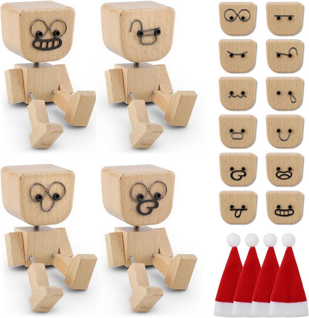 4PCS Shaking Feet Wooden Doll, Tiny Wooden Shaking Man Doll with Spring Legs with 12pcs Magnetic Expressions Funny Cars Ornaments Wood Desktop Decor, Car Dashboard Accessories