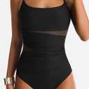 One Piece Swimsuit for Women Tummy Control Mesh Bathing Suits Sexy Push Up Swimsuits Slimming Square Neck Swimwear (Black, XXL)