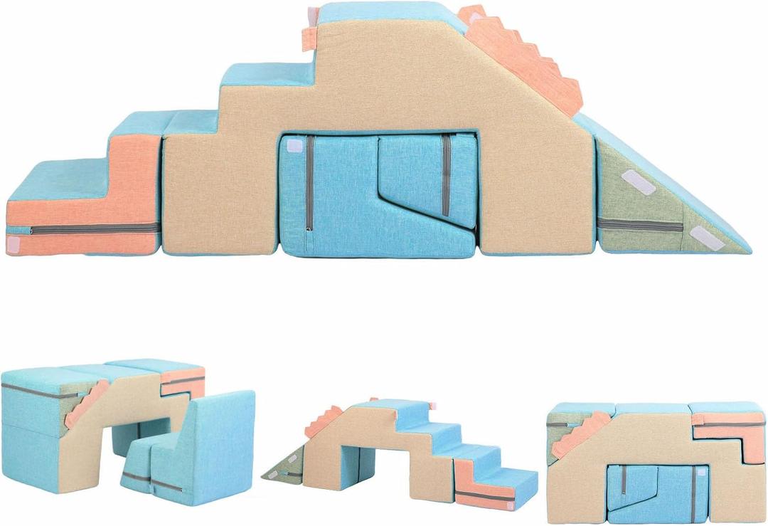 Asweets 4 in 1 Foam Climbing Blocks for Toddlers, Indoor Soft Climb and Crawl Play Climbing Toys for Creativity & Imagination, (Linen-Blue-Pink), 31.5''L x 15.4''W x 16.9''H