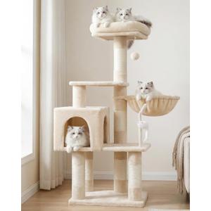Heybly Cat Tree with Toy, Cat Tower Condo for Indoor Cats, Cat House with Padded Plush Perch, Cozy Hammock and Sisal Scratching Posts, Beige HCT004SM (43.3 inch)