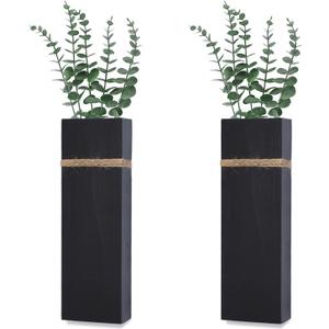Wall Planters for Indoor Plants - 2 Pack Wood Wall Vases for Dried Flowers & Artificial Plants Modern Farmhouse Wooden Vase for Living Room Bedroom Kitchen Decorations - Black