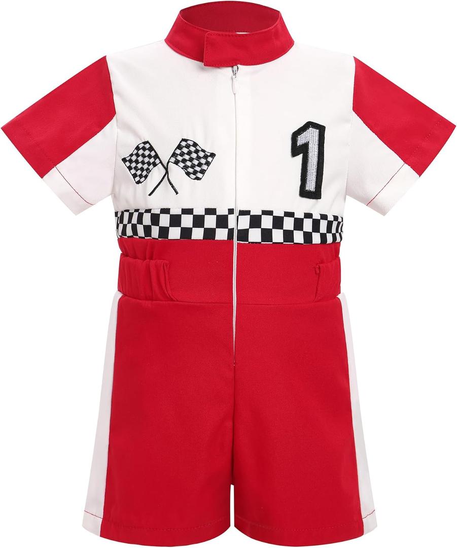 IDOPIP Baby Boys 1st 2nd Birthday Outfit Race Car Driver Romper Girls Boy Racer Jumpsuit Racing Suit Toddler Dress up Costume (9-12 Months, Red)