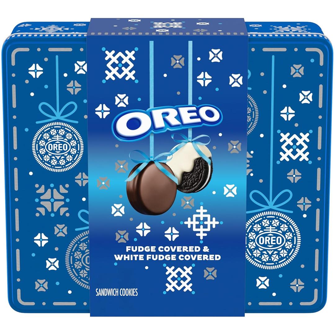 OREO Fudge and White Fudge Covered Chocolate Sandwich Cookies, Holiday Cookies, 1.02 lb Tin (EXP 02/17/26)