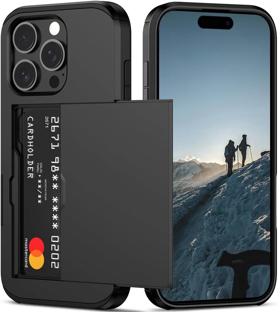 Nvollnoe Compatible with iPhone 16 Pro Case with Card Holder Heavy Duty Protective Dual Layer Shockproof Hidden Slot Slim Wallet Phone Cover for Women&Men 6.1 inch(Black)