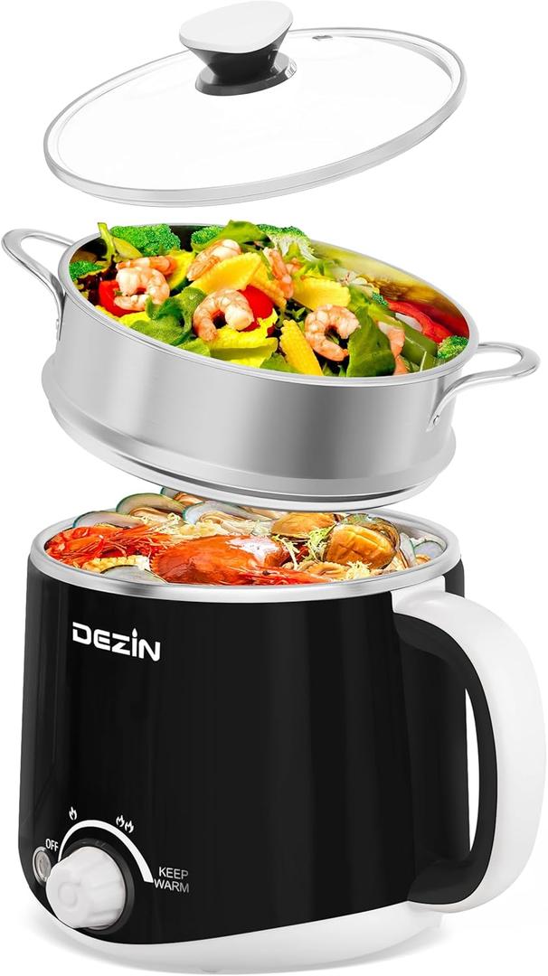 Dezin Hot Pot Electric with Steamer, Rapid Noodles Cooker, Stainless Steel Electric Pot 1.6 Liter, Perfect for Ramen, Egg, Dumpling, Soup, Oatmeal with Temperature Control and Keep Warm Function (Black-Steamer)