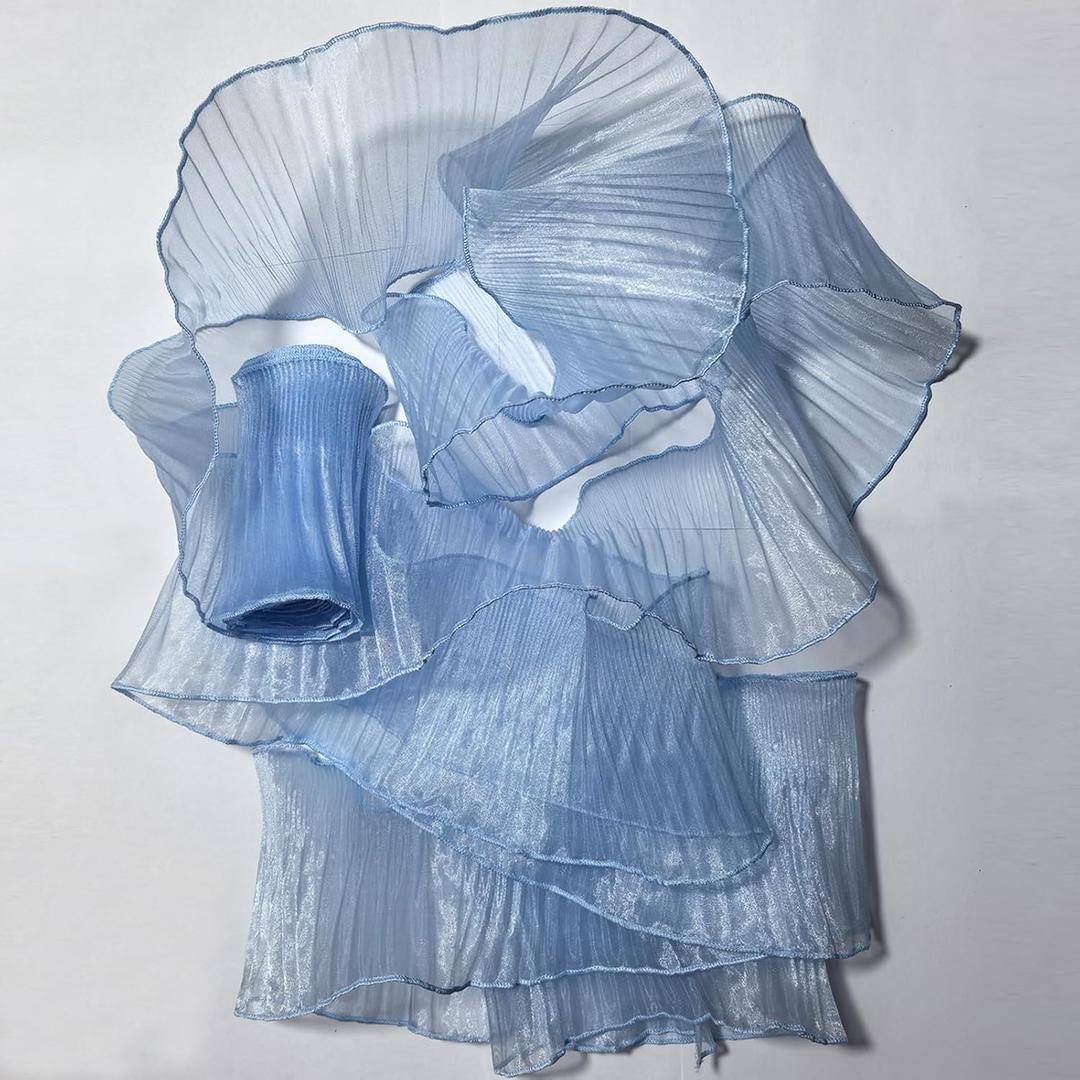 7 Yards Retro Ruffle Trim - Pleated Chiffon & Tulle Fabric Applique for Dress, Bag Decoration, Craft Sewing Trimming（Ice-Blue）
