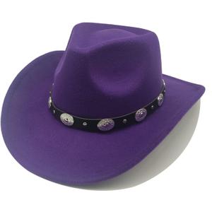Classic Western Cowboy Hat Cowgirl Hat Unisex Men's & Women's Wide Brim Felt Fedora Hat Flat Top with Buckle Belt (7 1/4-7 1/2, Purple)