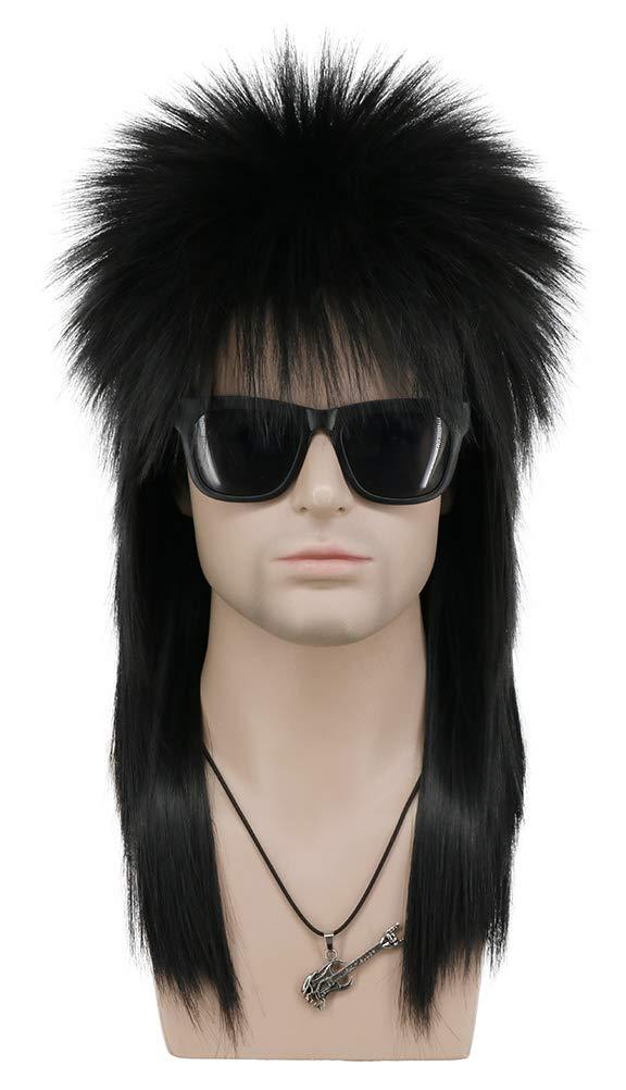VGbeaty Men and Women Long Straight Wig 70s 80s Rocker Punk Rock Disco Mullet Wig (Black)