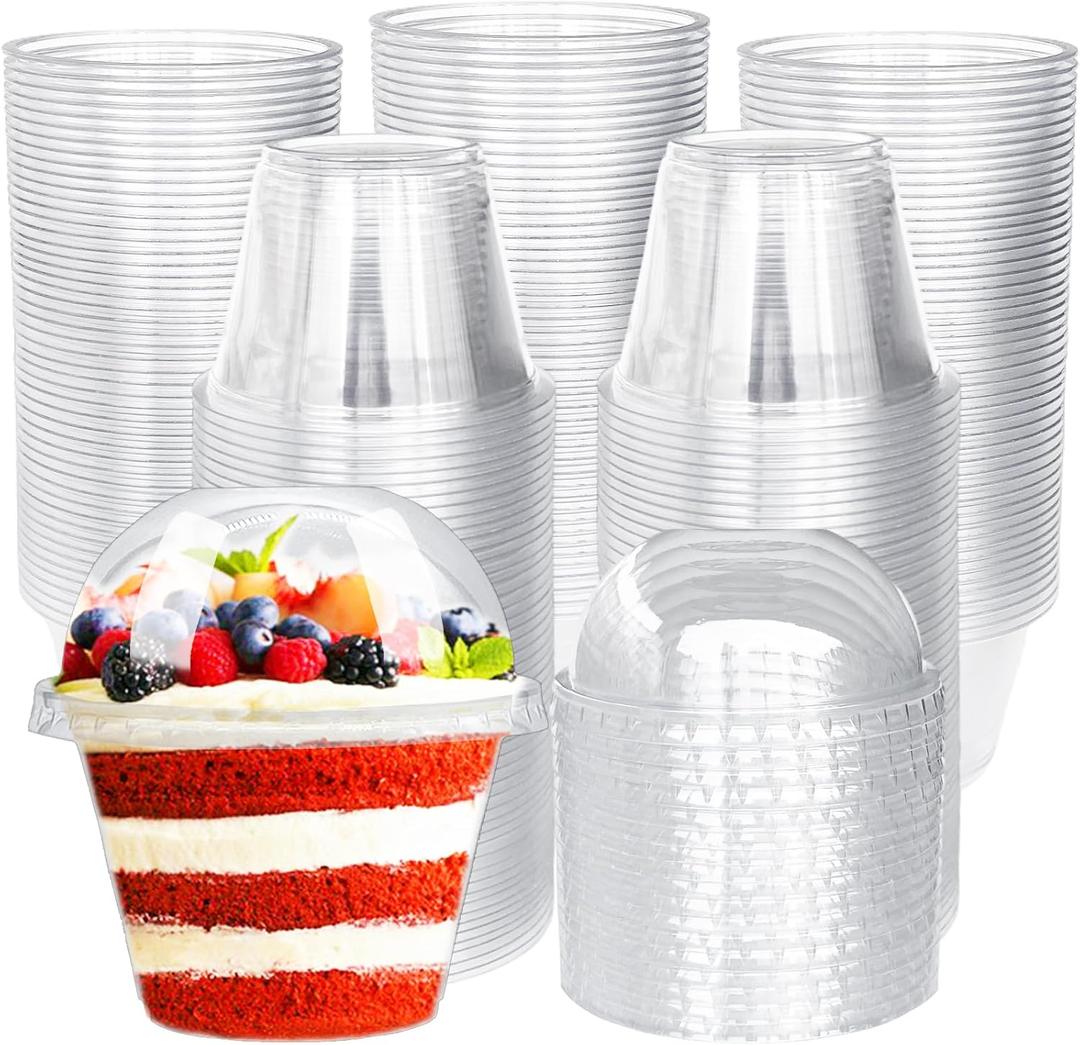100 Pack 6 oz Plastic Dessert Cups,Disposable Parfait Cups with Dome Lids (No Hole),Clear Plastic Party Cups for Fruit,Ice Cream,Yogurt,Cold Drinks,Cupcake,Snack