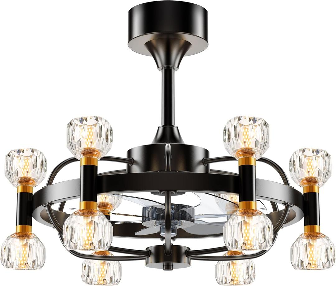 Chandelier Ceiling Fans with Lights and Remote, 22.8in Black and Gold Rustic Vintage Cage Ceiling Fan with Crystal G9 Bulb Bases, Crystal Fandelier Ceiling Fan for Bedroom Living Room
