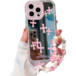 for iPhone 14 Pro Max Case, [Pink Cross Pattern][Shiny Mirror Case][2-in-1 Wristband with Beads] Soft TPU Frame, Shockproof & Anti-Drop, Suitable for Women & Girls