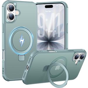 Magnetic Ring Stand Case for iPhone 17-120° rotatable Stand, Shockproof, Non-Slip, N52 Magnet, Matt Transparent Back, Easy to Clean, Military Standard Drop Protection (Lake Blue)