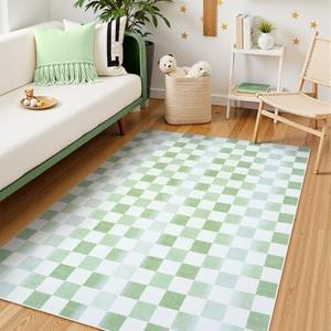 Seavish Ombre Checkered Rug, 4'x6' Washable Sage Green Rugs for Bedroom, Low Pile Soft Non-Slip Entryway Rug Modern Neutral Area Rug for Living Room Home Office Kids Nursery Room