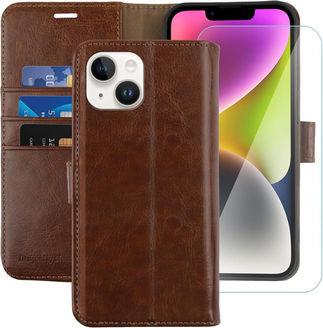 MONASAY Wallet Case Compatible for iPhone 13 mini, [Glass Screen Protector Included] [RFID Blocking] Flip Folio Leather Cell Phone Cover with Credit Card Holder, 5.4-inch, Brown