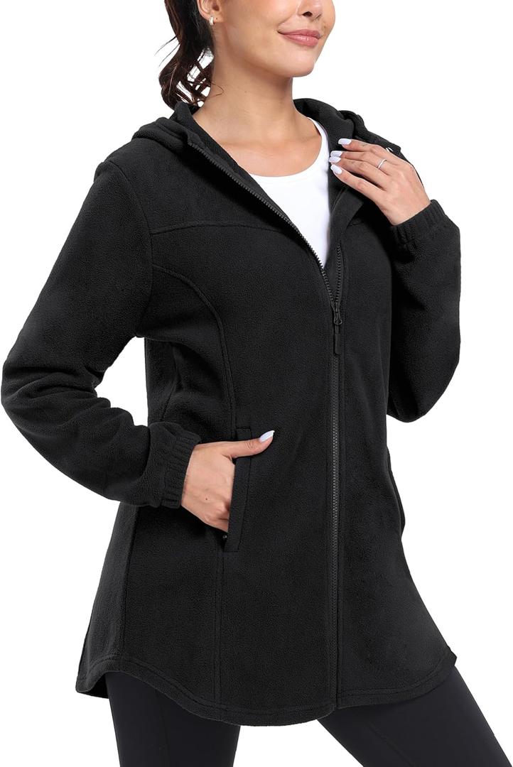 MoFiz Women's Long Fleece Zip Up Hoodies Long Sleeve Full Zip Soft Warm Polar Fleece Jacket Coat with Pocket for Fall Winter (Black, L)