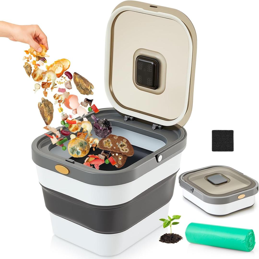 Reallnaive Collapsible Compost Bin for Kitchen Countertop 3.2 Gallon Compost Bucket for Kitchen with Lid Odorless Compost Bin Countertop with 20 Compost Bags and 1 Carbon Filters
