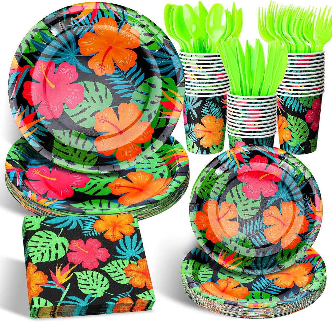 Havawish 168 Pcs Tropical Nights Hawaiian Aloha Party Supplies 7 Inch 9 Inch Disposable Luau Paper Plates Cups Napkins Knife Fork Spoon Serve 24 Guests for Summer Beach Pool Dinnerware Decorations