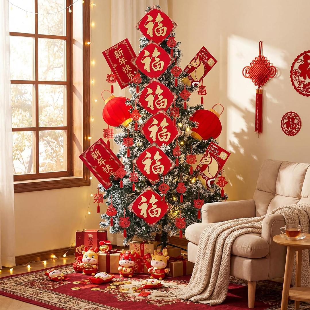 Novabright 36 Pcs Chinese New Year Decorations 2026 Red Hanging Ornaments Year of The Horse Fu Character Chinese Red Lanterns Pendant Charm Tree Picks Decor for Lunar Spring Festival Decor