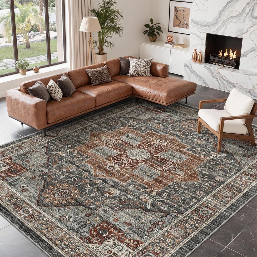 Roxstand 8x10 Area Rugs for Living Room, Vintage Washable Rug with Non-Slip Backing, Stain Resistant Large Area Rug for Dining Room, Soft Rugs for Bedroom (Grey/Brown/Tan, 8'x10')